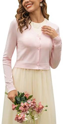 Yukiuiny Damen Kurze Strickjacke Langarm Elegant Festlich 50er Jahre Bolero für Kleid Weiche Jacke mit Knöpfe,Rosa,XS von Yukiuiny