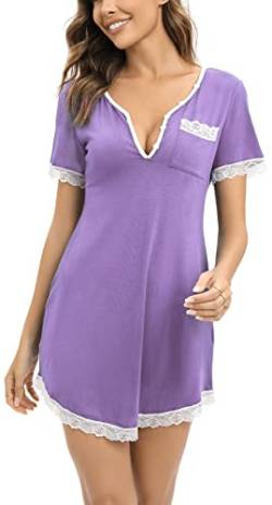 Yukiuiny Damen Kurzes Nachthemd Kurzarm Baumwolle Spitze Schlafshirt Sexy Sommer Nachtwäsche mit Knopfleiste Stillnachthemd,L Violett von Yukiuiny