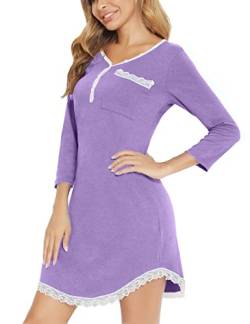 Yukiuiny Damen Langarm Nachthemd Baumwolle Elegant Kurzes Schlafshirt mit Spitze Weich Jersey Nachtwäsche mit Knopfleiste,S Violett von Yukiuiny