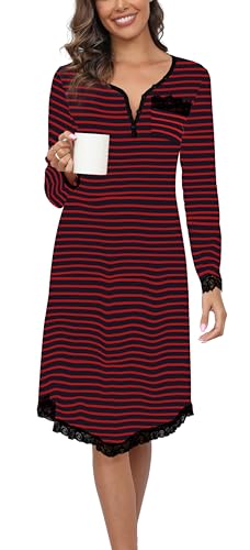 Yukiuiny Damen Langarm Nachthemd Gestreift Baumwolle Knielang Spitze Nachtkleid mit Knopfleiste Jersey Schlafshirt,S Navy Streifen von Yukiuiny