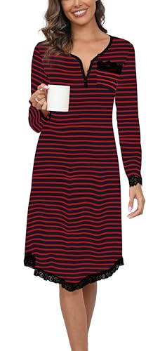 Yukiuiny Damen Langarm Nachthemd Gestreift Baumwolle Knielang Spitze Nachtkleid mit Knopfleiste Jersey Schlafshirt,XXL Navy Streifen von Yukiuiny