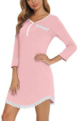 Yukiuiny Damen Nachthemd 3/4 Arm Spitze Nachtkleid Weich Baumwolle Nachtwäsche Elegant Henley Schlafshirt von Yukiuiny