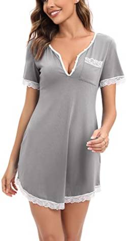 Yukiuiny Damen Nachthemd Kurzarm Sexy Baumwolle Nachtkleid mit Spitze Elegant Schlafshirt mit Knopfleiste für Sommer,XL Hellgrau von Yukiuiny