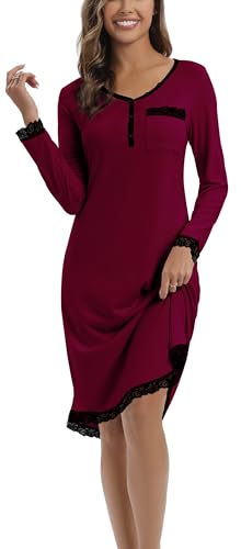 Yukiuiny Damen Nachthemd Langarm Baumwolle Knielang Nachtkleid mit Knopfleiste Elegant Sexy Spitze Stillnachthemd,XL Weinrot von Yukiuiny