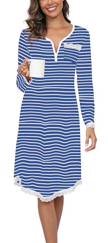 Yukiuiny Damen Nachthemd Langarm Baumwolle Knielang Streifen Nachtkleid mit Spitze Knopfleiste Jersey Schlafshirt,L Blau Streifen von Yukiuiny