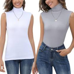 Yukiuiny Damen Rollkragen Top 2er Set Ärmellos Rollishirt Dünn Weich Stretch Unterziehrolli Basic Rolli Grau+Weiß, L von Yukiuiny