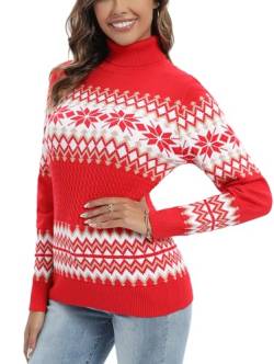 Yukiuiny Damen Rollkragen Weihnachtspullover Kuschelig Feinstrick Norwegerpullover mit Gerippt Bündchen Festlich Christmas Sweater Rot, XL von Yukiuiny