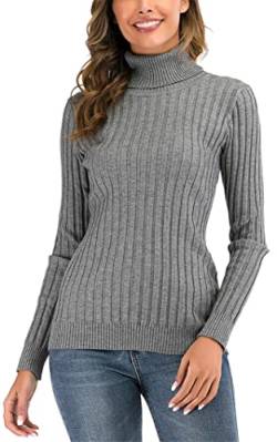 Yukiuiny Damen Rollkragenpullover Elegant Langarm Strickpulli Figurbetont Gerippt Feinstrick Rolli Sweatshirt,Grau,XXL von Yukiuiny