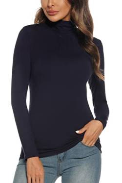 Yukiuiny Damen Rollkragenshirt Langarm Rollishirt mit Raffungen Elegant Stretch Unterziehrolli für Herbst Winter,Navyblau,L von Yukiuiny