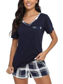 Yukiuiny Damen Schlafanzug Kurz Pyjama Set Baumwolle Sommer Shorty Zweiteiliger Nachtwäsche V Ausschnitt Sleepshirt Karo Shorts Navyblau, L von Yukiuiny