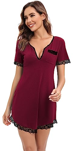 Yukiuiny Damen Spitze Nachthemd Kurzarm Baumwolle Leicht Luftig Nachtkleid Elegant Schlafshirt mit Knopfleiste für Sommer,XL Weinrot von Yukiuiny