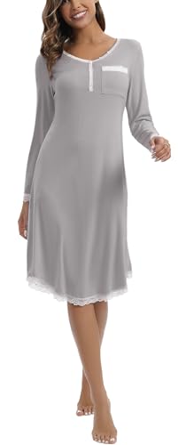 Yukiuiny Damen Spitze Nachthemd Langarm Baumwolle Knielang Nachtkleid Elegant Leicht Schlafshirt mit Knopfleiste für Winter,XL Grau von Yukiuiny
