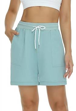 Yukiuiny Damen Sport Shorts 100% Baumwolle Bermuda Jersey Shorts Gummibund Lockere Kurze Sommerhose für Sport Freizeit Türkis,L von Yukiuiny