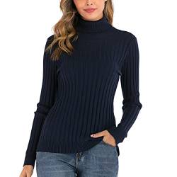 Yukiuiny Damen Strickpullover mit Rollkragen Langarm Pulli mit Rippen Elegant Kuschelig Stretch Rolli für Winter,Navyblau,M von Yukiuiny