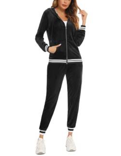 Yukiuiny Damen Velours Hausanzug Kuschelig 2 Teiliger Winter Freizeitanzug Reißverschluss Kapuze Jacke+ Nicki Jogginghose Schwarz,S von Yukiuiny