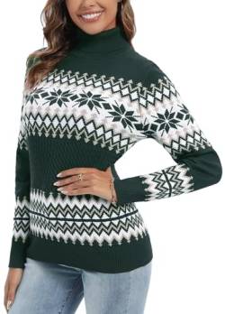 Yukiuiny Damen Weihnachtspullover Rollkragen Feinstrick Norwegerpullover Weich Warm Weihnachtpulli mit Bündchen Stretch Rolli Sweater Grün, M von Yukiuiny