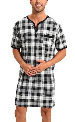 Yukiuiny Herren Kariertes Nachthemd Kurzärmelig Pyjamaoberteil Lufitg Jersey Schalfshirt mit Knopfleiste Schwarz-weiß,L von Yukiuiny