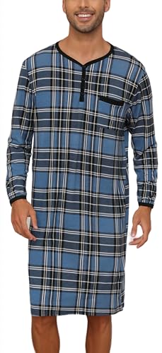 Yukiuiny Herren Kariertes Nachthemd Langärmelig Pyjamaoberteil Lufitg Jersey Schalfshirt mit Knopfleiste Karo-Blau,XXL von Yukiuiny