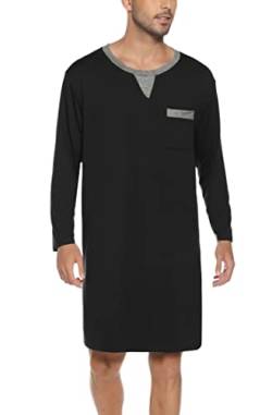 Yukiuiny Herren Lang Nachthemd Langärmlig Pyjamaoberteil Baumwolle Lufitg Rundhals Winter Sleepshirt mit Brusttasche Schwarz,XL von Yukiuiny