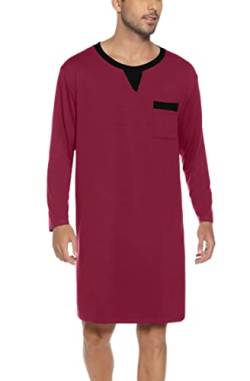 Yukiuiny Herren Lang Nachthemd Langärmlig Pyjamaoberteil Baumwolle Lufitg Rundhals Winter Sleepshirt mit Brusttasche Weinrot,XXL von Yukiuiny