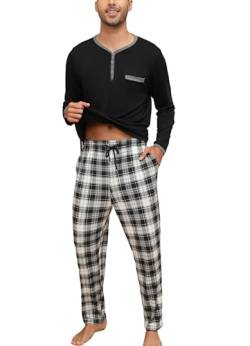 Yukiuiny Herren Lang Schlafanzug Baumwolle Pyjama Set Leicht Henley Langarm Shirt Lange Karierte Pyjamahose mit Tasche schwarz, 3XL von Yukiuiny