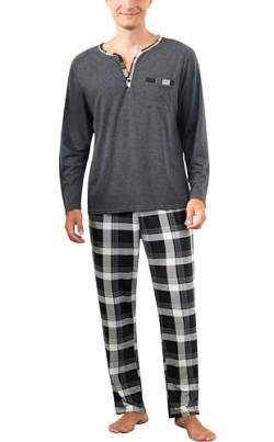 Yukiuiny Herren Lang Schlafanzug Baumwolle Pyjama Weich Henley Langarm Shirt Lange Karierte Hose mit Tasche dunkelgrau, L von Yukiuiny