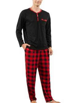 Yukiuiny Herren Lang Schlafanzug Baumwolle Pyjama Weich Henley Langarm Shirt Lange Karierte Hose mit Tasche schwarz+rot, XL von Yukiuiny