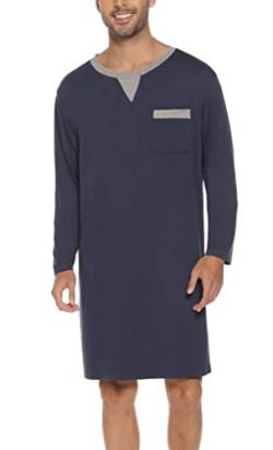Yukiuiny Herren Nachthemd Baumwolle Langarm Knielang Schalfshirt Leicht Luftig Pyjamaoberteil für Krankenhaus Dunkelblau,4XL von Yukiuiny