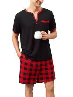 Yukiuiny Herren Pyjama Kurz Schlafanzug Baumwolle Shorty Pyjama Set Leicht Luftig Sommer Nightwear Gr.M-3XL schwarz+rot, 3XL von Yukiuiny