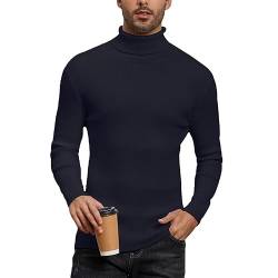 Yukiuiny Herren Rollkragenpullover Basic Gerippt Strickpullover Stretch Leichter Rolli Sweater mit Stehkragen für Herbst Winter,Navyblau,L von Yukiuiny