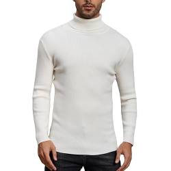 Yukiuiny Herren Rollkragenpullover Basic Gerippt Strickpullover Stretch Leichter Rolli Sweater mit Stehkragen für Herbst Winter,Wollweiß,S von Yukiuiny