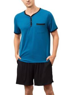 Yukiuiny Herren Schlafanzug Kurz Baumwolle Pyjamaset Weiche Nachtwäsche Kurzarm Henley Shirt+ Gummizug Shorts blau, 3XL von Yukiuiny