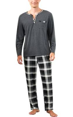 Yukiuiny Herren Schlafanzug Lang Baumwolle Pyjama Nachtwäsche Langarm Shirt mit Knopfleiste Karierte Pyjamahose dunkelgrau, XL von Yukiuiny