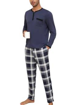 Yukiuiny Herren Schlafanzug Lang Baumwolle Pyjama Set Zweiteiliger Nachtwäsche Langarm Shirt mit Knopfleiste Karierte Hose dunkelblau, 3XL von Yukiuiny
