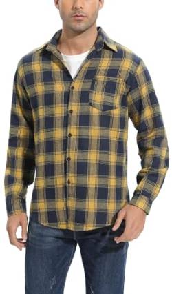 Yukiuiny Holzfällerhemd Herren 100% Baumwolle Langarm Dünn Kariert Flanellhemd mit Brusttasche Locker Freizeithemd gelb,XL von Yukiuiny
