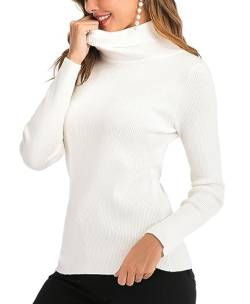 Yukiuiny Rollkragenpullover Gerippt Langarm Feinstrick Pullover Elegant Pulli mit Stehkragen Kuschelig Sweatshirt Rolli,Weiß,L von Yukiuiny