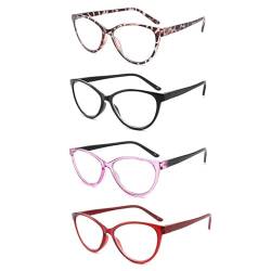 Yuluki 4er-Pack Lesebrille Blaulichtfilter Lesehilfe für Damen Designer Stil Katzenauge Rahmen Brille Federscharnier +3.0 von Yuluki