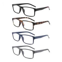 Yuluki 4er-Pack Lesebrille Blaulichtfilter Lesehilfe für Herren Damen Komfortable Rechteck Rahmen Brille Federscharnier +1.0 von Yuluki