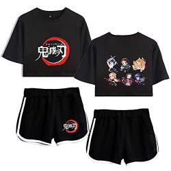 Yumenam Damen Anime Crop Top und Shorts 2 Stück Anzug Kimetsu no Yaiba Gedruckt Sommer Kurzarm T-Shirts + Kurze Hose Pyjama-Set Trainingsanzüge Cosplay Outfits von Yumenam