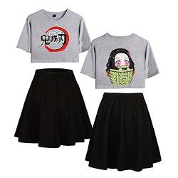 Yumenam Damen Crop Top und Rock 2 Stück Anzug Kamado Nezuko Gedruckt Sommer Kurzarm T-Shirts + Rock Pyjama-Set Trainingsanzüge Cosplay Outfits für Anime Fans von Yumenam