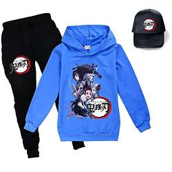 Yumenam Kinder Hoodie + Jogginghose + Baseball Kappe 3pcs Trainingsanzug Anzug Tanjirou Nezuko Gedruckt Kapuzenpullover und Hose Halloween Cosplay Kostüm für Demon Slayer Anime Mädchen Jungen von Yumenam