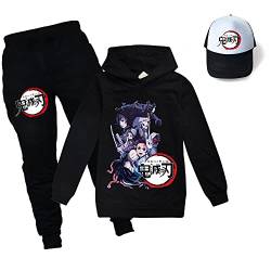 Yumenam Kinder Hoodie + Jogginghose + Baseball Kappe 3pcs Trainingsanzug Anzug Tanjirou Nezuko Gedruckt Kapuzenpullover und Hose Sportbekleidung für Demon Slayer Anime Liebhaber Mädchen Jungen von Yumenam