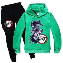 Yumenam Unisex Kinder Hoodie + Jogginghose 2pcs Anzug Tanjirou Nezuko Gedruckt Lange Ärmel Kapuzenpullover und Schwarz Lange Hose Sportbekleidung für Demon Slayer Anime Liebhaber Mädchen Jungen von Yumenam