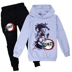 Yumenam Unisex Kinder Hoodie + Jogginghose 2pcs Anzug Tanjirou Nezuko Gedruckt Lange Ärmel Kapuzenpullover und Schwarz Lange Hose Sportbekleidung für Demon Slayer Anime Liebhaber Mädchen Jungen von Yumenam