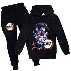 Yumenam Unisex Kinder Hoodie + Jogginghose 2pcs Anzug Tanjirou Nezuko Gedruckt Lange Ärmel Kapuzenpullover und Schwarz Lange Hose Sportbekleidung für Demon Slayer Anime Liebhaber Mädchen Jungen von Yumenam