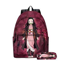 Yumenam Unisex Rucksack + Federmäppchen Tanjirou Nezuko 3D Anime Druck Casual Daypack Laptop Rucksack Schoolbag Multifunktions-Rucksack für Jungen und Mädchen Demon Slayer Fans von Yumenam