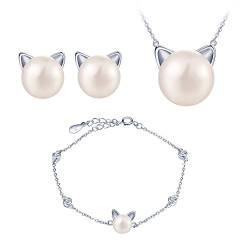 Yumilok 925 Sterling Silber Damen Halskette Kette mit Anhänger Katze Kätzchen Perlen Zirkonia Armbänder Armreifen Ohrstecker Ohrringe Schmuck Set für Frauen Mädchen von Yumilok