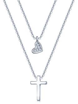 Yumilok 925 Sterling Silber Zirkonia Herz Kreuz Anhänger Halskette Verstellbare Kette mit Anhänger Doppel Kettchen für Damen Mädchen von Yumilok