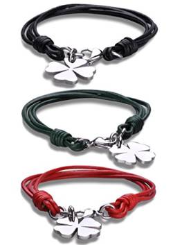 Yumilok Armband für Damen Herren mit Kleeblatt Anhänger Charm-Armbänder Freundschaft Armreifen Strangarmbänder Armschmuck, 3 Stücke(Schwarz, Rot, Grün) Leder Edelstahl von Yumilok