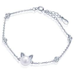 Yumilok Damen Armkette Armband mit 8mm Perle Kätzchen Katze Anhänger Charms 925 Sterling Silber Armschmuck für Damen Frauen Mädchen, 6.3-7.5" Verstellbar von Yumilok